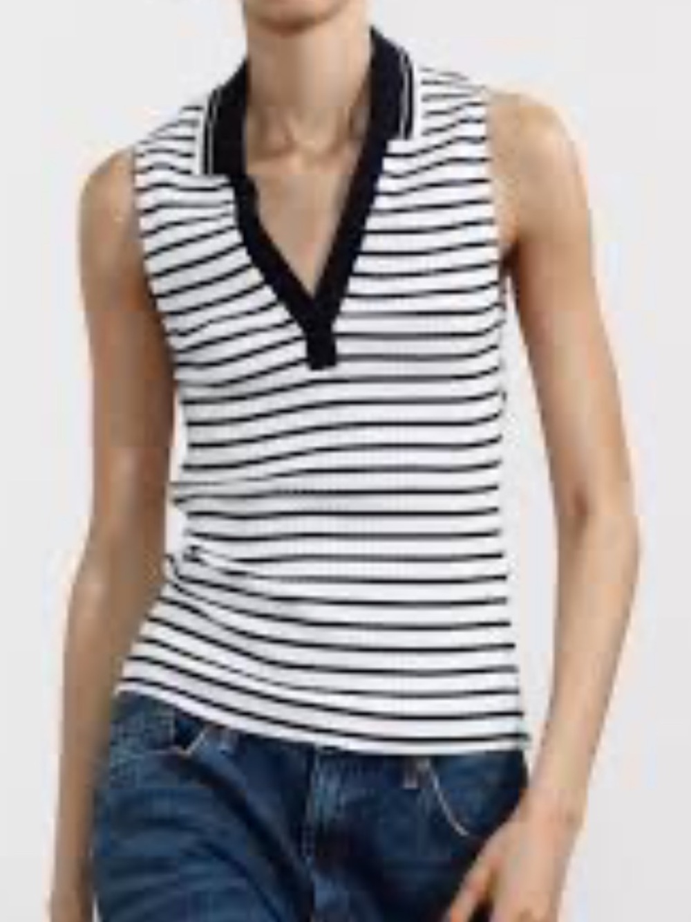 Zara Sleeveless Striped Polo Tank Top, Ribbed Knit, Navy & White, Small